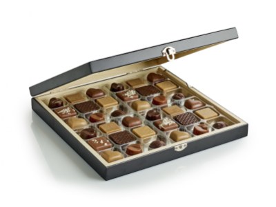Oekologisk luksus chokolade, traeaeske, med logo, 340g